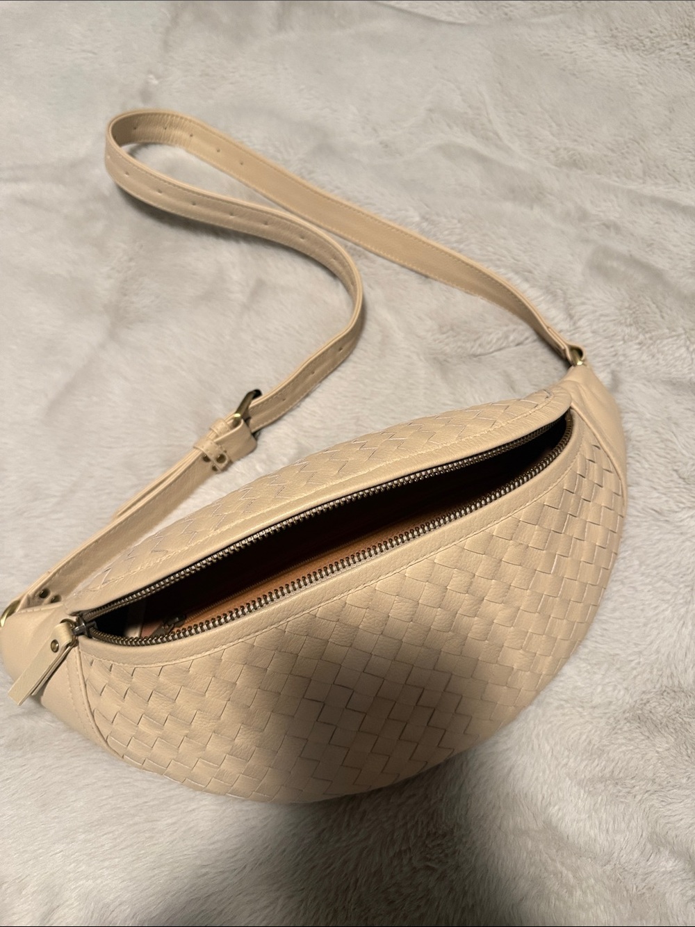 Woven Crescent Crossbody Bag in Light Beige